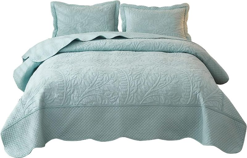 Photo 1 of MarCielo 3-Piece 100% Cotton Oversized Bedspread Set Coverlet Set Lightweight Quilt Set Embroidery Farmhouse Bedding Set (Aruba Blue-Mint Green, Queen (100"x106"))