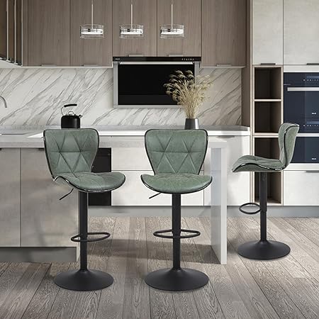 Photo 1 of Adjustable Bar Stools with Back, Modern Bar Stools Set of 2 Black PU Leather Upholstered Bar Chairs with Armless, Swivel Kitchen Bar Stools for Kitchen (Dark Green + Black Base)