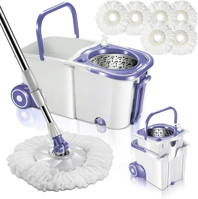 Photo 1 of MASTERTOP Spin Mop Bucket System with Wringer Set, Mop Buckets Separate Clean and Dirty Water,360° 6psc Microfiber Spin Mops, 51.2 Inch Stainless Steel Handle, Stackable & Easy to Store