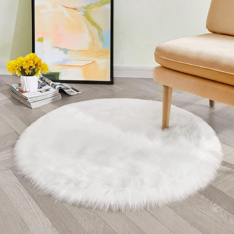 Photo 1 of White Fluffy Faux Sheepskin Washable Fur Round Rug 5ft Nursery Rugs for Bedroom Plush Boho Circle Rug for Living Room Teen Room Décor