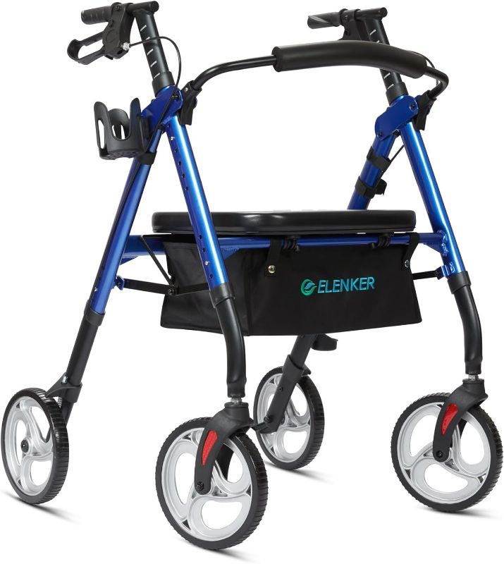 Photo 1 of ELENKER Heavy Duty Rollator Walker with Extra Wide Padded Seat and Backrest, Bariatric Rolling Walker, 10” Wheels, Fully Adjustment Frame for Seniors, Blue