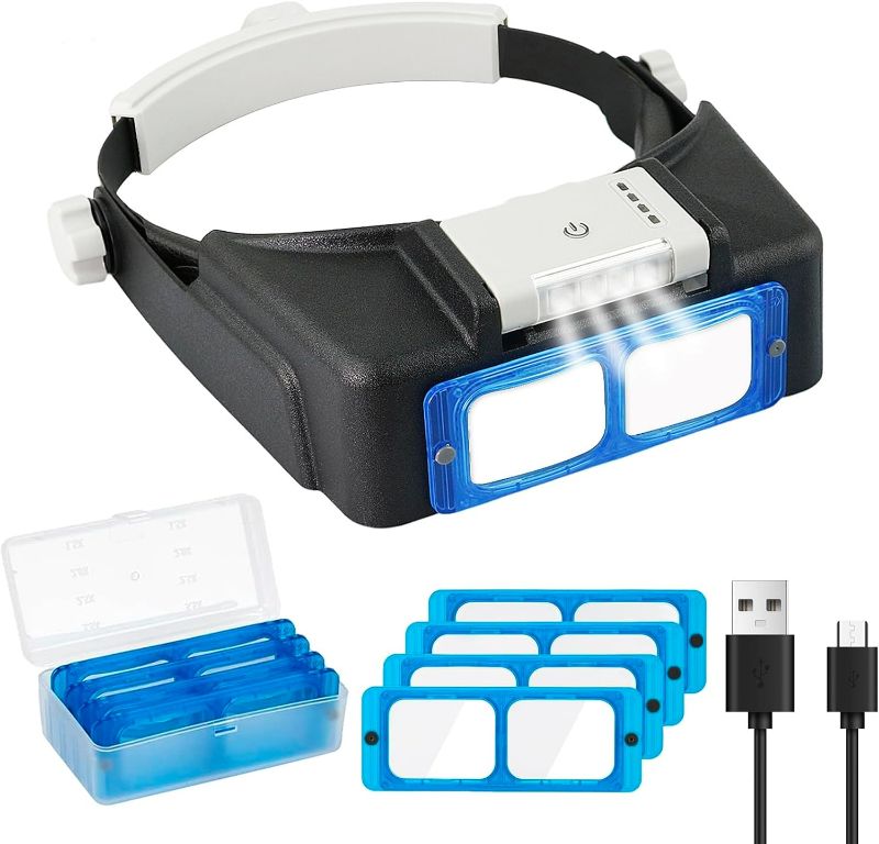 Photo 1 of Beileshi Rechargeable Head-Mounted Magnifier with LED Light, Headband Double Lens Illuminated Reading Magnifier Loupe Jewelry Visor Opitcal Glass Binocular Magnifier with Lens -1.5X 2X 2.5X 3.5X
