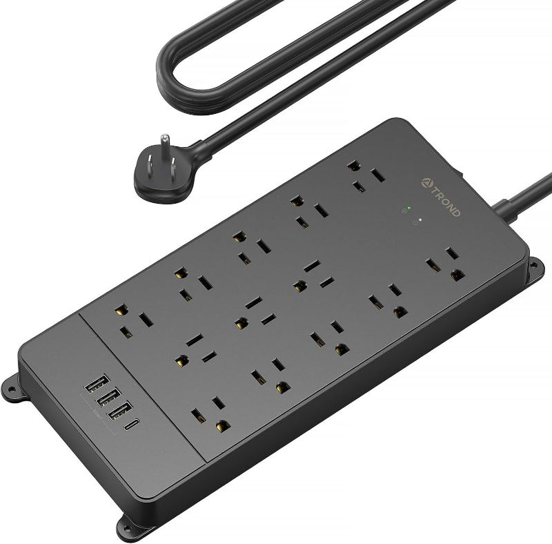 Photo 1 of TROND Surge Protector Power Strip, 4000J, ETL Listed, 13 Widely-Spaced Outlets Expansion with 4 USB Ports(1 USB C), Low-Profile Flat Plug, Wall Mountable, 5ft Extension Cord, 14AWG Heavy Duty, Black