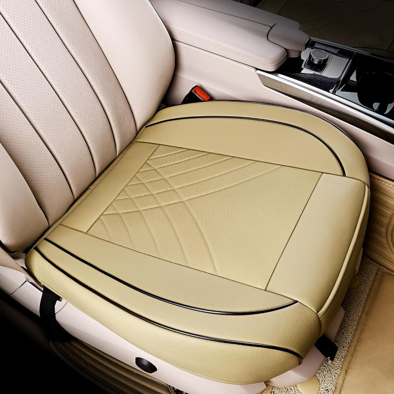 Photo 1 of kingphenix Premium PU Car Seat Cover - Front Seat Protector Works with 95% of Vehicles - Padded, Anti-Slip, Full Wrapping Edge - (Dimensions: 21'' x 20.5'') - 1 Piece, Beige