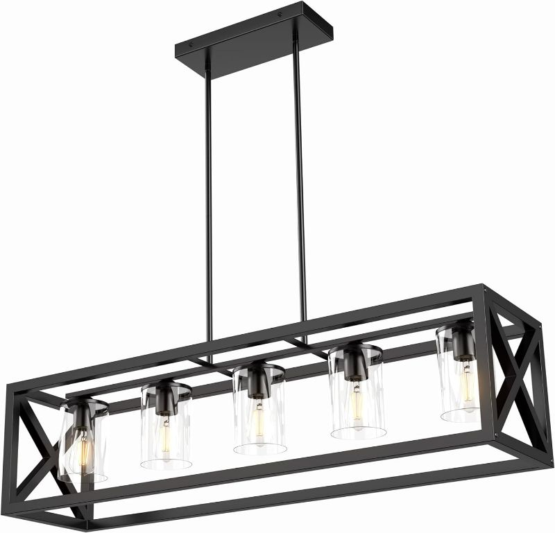 Photo 1 of Espird Farmhouse Chandelier Rectangle Black, 5 Light Kitchen Island Cage Linear Pendant Lights Industrial Ceiling Light with Glass Shade & Adjustable Rods, Dining Room Lighting Fixtures Over Table