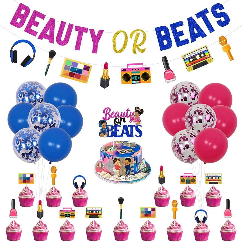 Photo 1 of Beauty or Beats Gender Reveal Decorations Kit Funny - Beauty or Beats Banner, Garland, Cake & Cupcake Toppers for Retro 80s 90s Hip Hop Themed He or She Baby Shower Supplies Hot Pink and Blue