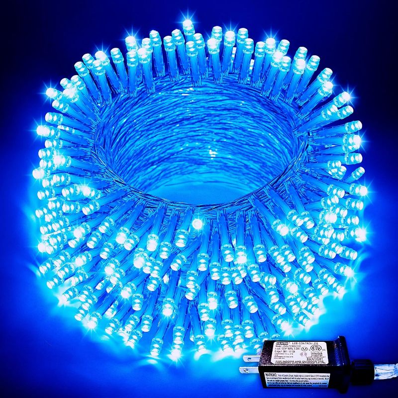 Photo 1 of JMEXSUSS Blue Christmas String Lights Indoor Outdoor, 66ft 200 LED Blue String Lights Clear Wire Plug in, 8 Modes Waterproof Christmas Lights for Halloween Tree Party Bedroom Wall Christmas Decoration