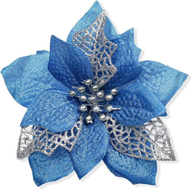 Photo 1 of RECUTMS 10 PCS Artificial Poinsettia Flowers Decorations with Clips and Stems Glitter Christmas Tree Ornaments for Xmas Wedding Party Wreath DIY (Blue)