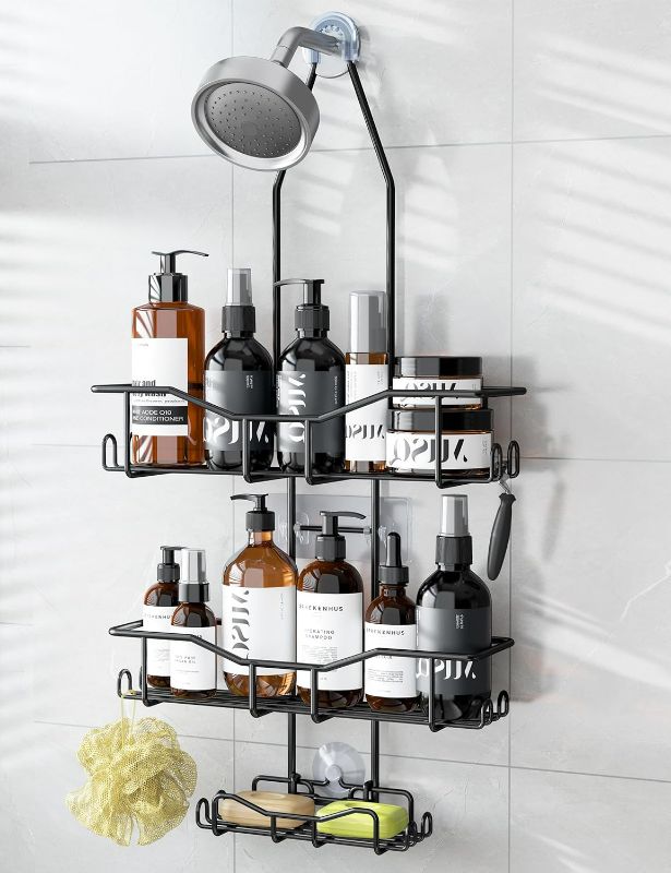 Photo 1 of YASONIC Hanging Shower Caddy over Shower Head without Nails, Rustproof Shower Head Organizer with 12 Hooks & Large Soap Holder - Black