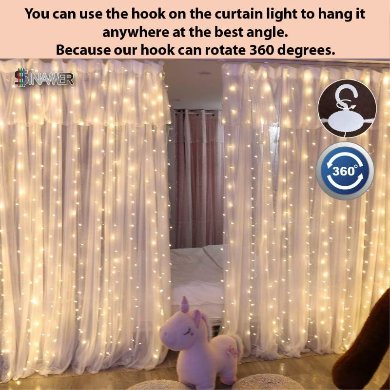 Photo 1 of White Curtain Light for Bedroom, 300 LED 9.8ft x 9.8ft Window Fairy Curtain String Light with 16 Hooks, 8 Models Remote Control for Wedding Party Home Garden Indoor Decorations