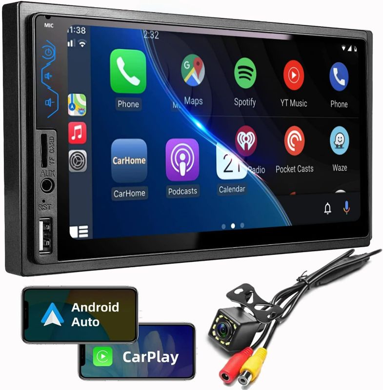 Photo 1 of Double Din Car Stereo Compatible with Apple CarPlay and Android Auto - 7inch HD Touchscreen Car Audio Receivers with Bluetooth, Mirror Link, Backup Camera, SWC/USB/AUX/TF/Subwoofer, FM Car Radio