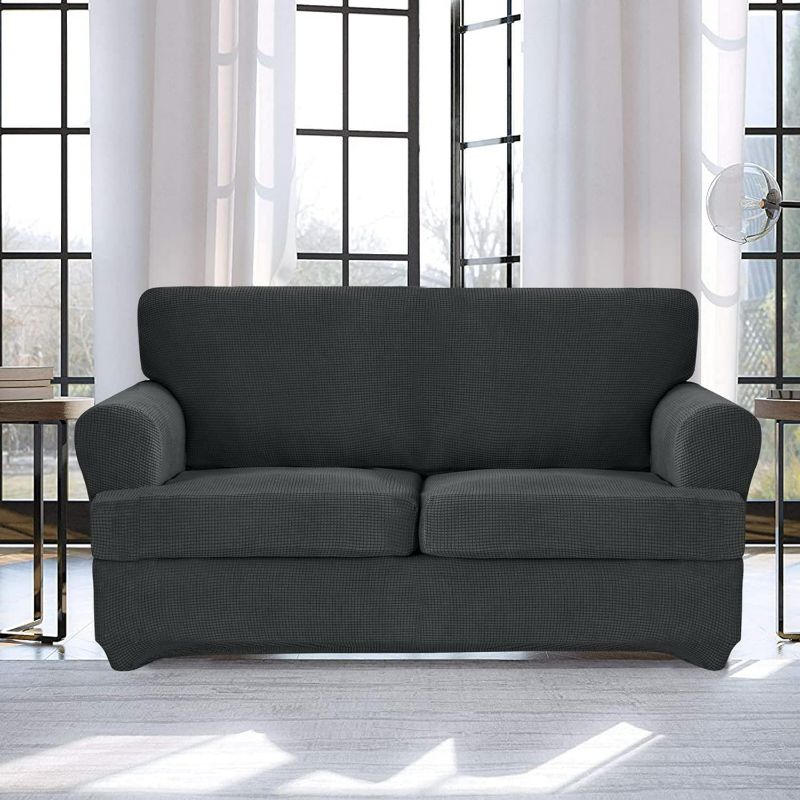 Photo 1 of 3 Pieces Stretch T Cushion Loveseat Slipcovers with 2 Individually T Cushion Shape Seat Covers?Furniture Protector Sofa Covers with Elastic Bottom (Loveseat, Dark Gray)