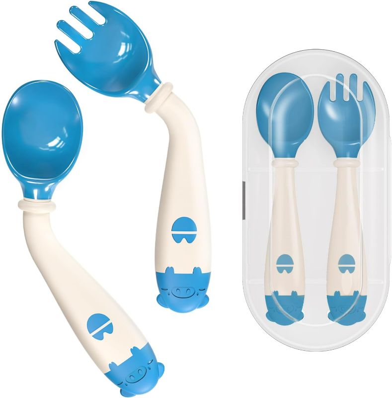 Photo 1 of Deejoy Toddler Utensils with Travel Case, Baby Spoons and Forks Set for Self Feeding, Silicone Bendable Handle, Easy Grip Heat-Resistant, Self-feeding Flatware Sets for Kids (Stage 2) Blue