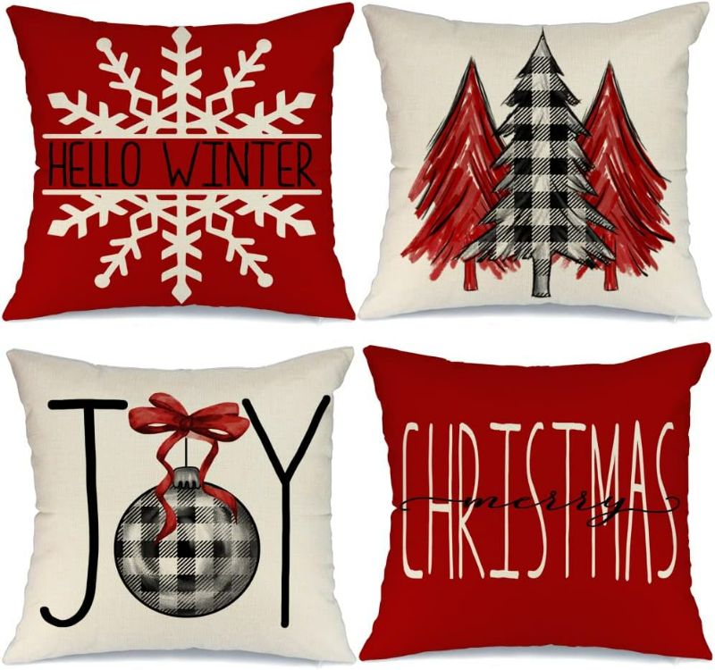 Photo 1 of Christmas Pillow Covers 18x18 Set of 4 for Xmas Decorations Buffalo Plaid Check Christmas Tree Joy Snow Pillow Cases Winter Holiday Throw Pillows Farmhouse Decor for Couch