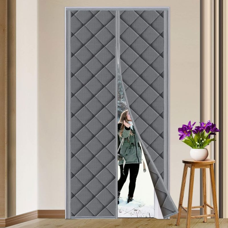 Photo 1 of Magnetic Thermal Insulated Door Curtain Fits Door Size 38" x 82" Thicken Nylon Cotton Temporary Magnet Closure Thermal Door Cover Size W40 x L83 inch Weatherproof Windproof Soundproof, Grey
