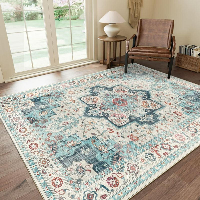 Photo 1 of  8x10 Area Rugs for Living Room, Machine Washable Non Slip Vintage Retro Rugs, Low Pile Lightweight Chenille Print Rug for Bedroom, Dining Room, Home Office, Turquoise