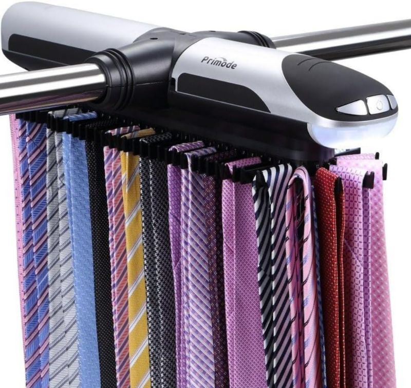 Photo 1 of Primode Motorized Tie Rack Closet Organizer with LED Lights, Includes J Hooks for Wired Shelving Stores Up to 72 Ties with 8 Belts, Rotation Operates with Batteries