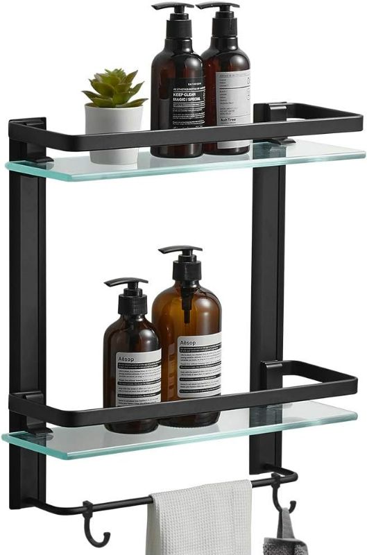 Photo 1 of BESy Heavy Duty Lavatory Glass Bathroom Shelf, 2 Tier Tempered Glass Shower Shelves with Towel Bar Wall Mounted, Shower Storage 15 by 5 inches, Matte Black Finish/Aluminum