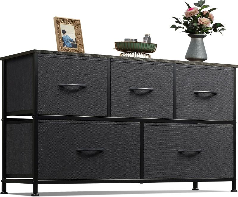 Photo 1 of WLIVE Dresser for Bedroom with 5 Drawers, Wide Chest of Drawers, Fabric Dresser, Storage Organizer Unit with Fabric Bins for Closet, Living Room, Hallway, Charcoal Black