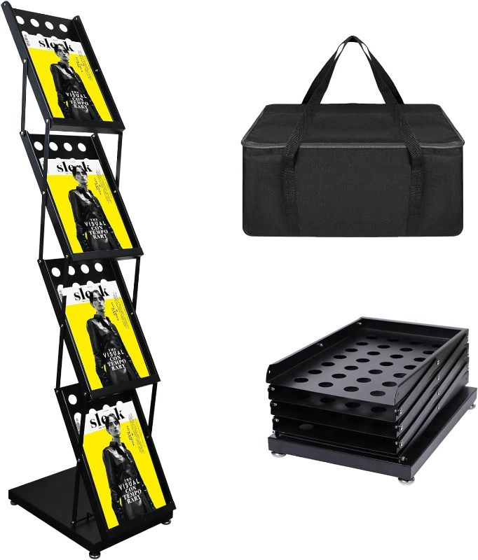 Photo 1 of 4 Pockets Folding Magazine Rack Floor Metal Black Literature Rack with Case Brochure Stand Literature Stand Catalog Holder Stand Flyer Display Stand for Trade Show Exhibition Office Retail