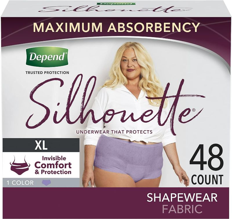 Photo 1 of Depend Silhouette Adult Incontinence and Postpartum Underwear for Women, Extra-Large (50–60" Waist), Maximum Absorbency, Purple, 48 Count (2 Packs of 24)