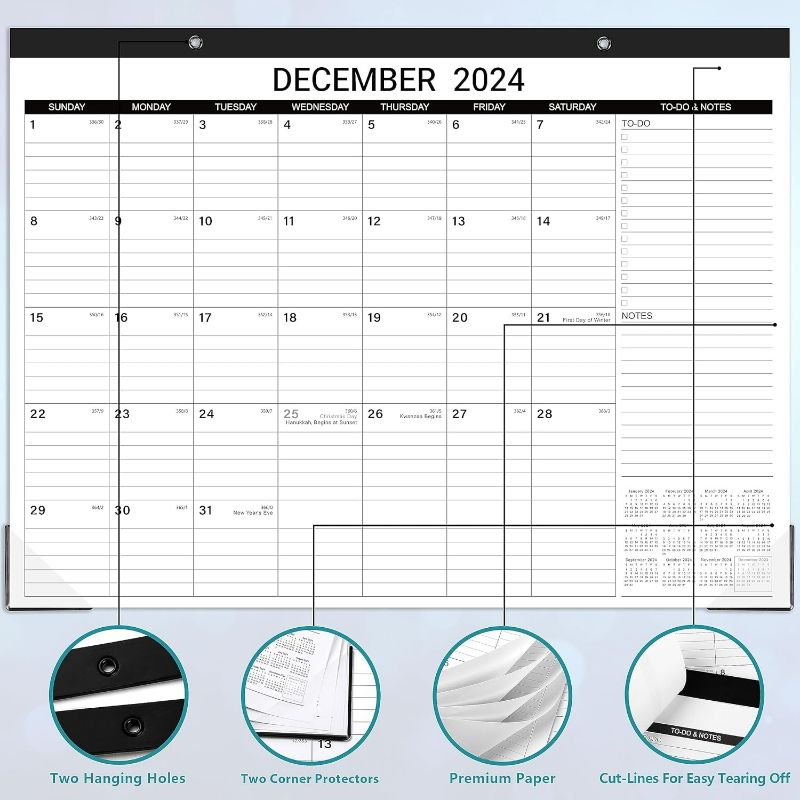 Photo 1 of 2024 Desk Calendar - Large Desk Calendar 2024, Jan 2024 - Dec 2024, 22" x 17", Large Ruled Blocks, Tear Off Line, 2 Corner Protectors, 2 Hanging Hooks