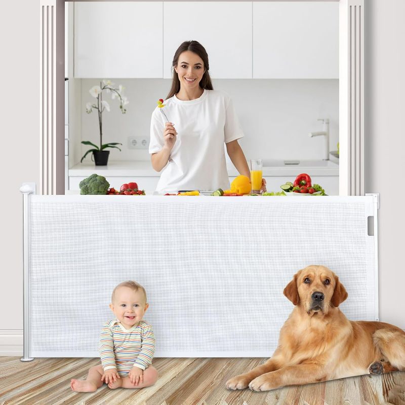 Photo 1 of Retractable Baby Gate for Stairs, No Drilling Mesh Baby/Dog Gate Extra Wide Child Safety Gate, 33" Tall Extends to 71" Wide Baby Gate for Doorways, Stairs, Hallways, Indoor/Outdoor White