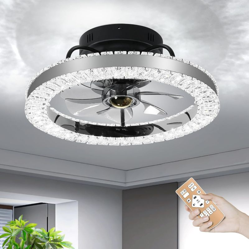 Photo 1 of LED Crystal Ceiling Fans with Lights, 18IN Modern Low Profile Ceiling Fan with Remote,7 Blades, 6 Speed, Timing,Dimmable Light, Reversible for Dining Room Bedroom Living Room