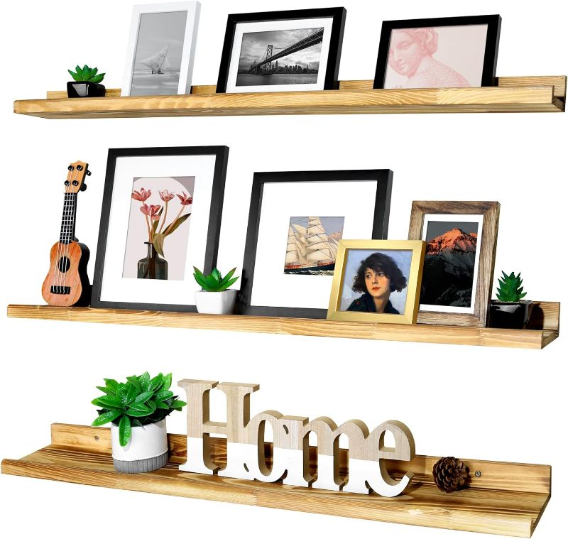 Photo 1 of Annecy Floating Shelves Wall Mounted Set of 3, 36 Inch Carbonized Black Solid Wood Shelves for Wall, Wall Storage Shelves with Guardrail Design for Home, Kitchen, Office, 3 Different Sizes