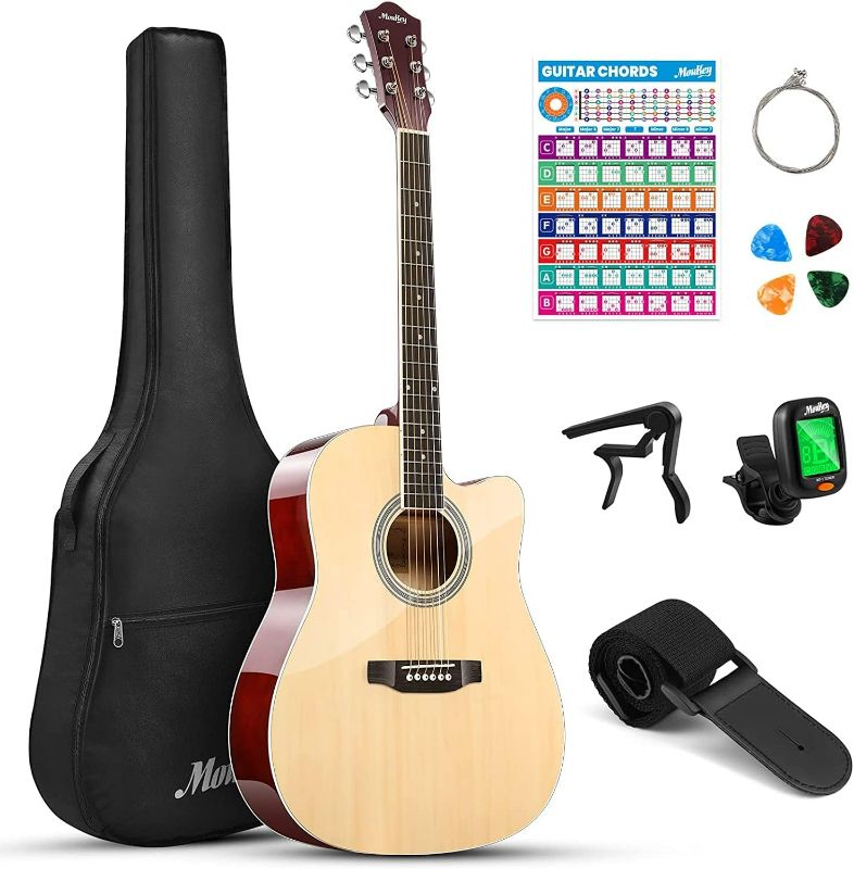 Photo 1 of Moukey 41" Acoustic Guitar for Beginner Adult Teen Full Size Guitarra Acustica with Chord Poster, Gig Bag, Tuner, Picks, Strings, Capo, Strap Right Hand - Natural