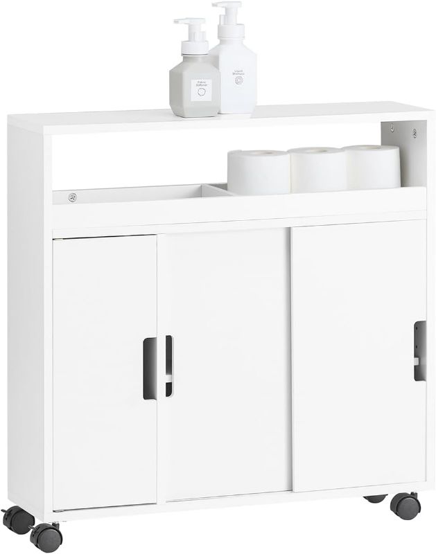 Photo 1 of Haotian BZR02-W, White New Version Bathroom Toilet Paper Roll Holder, Free Standing Bathroom Storage Cabinet Cupboard, Narrow Toilet Side Cabinet on Wheels(27.6" D x 7.9" W x 26.38" H