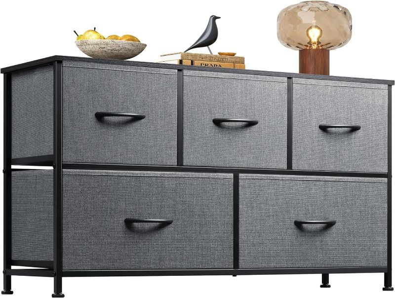 Photo 1 of WLIVE Dresser for Bedroom with 5 Drawers, Wide Chest of Drawers, Fabric Dresser, Storage Organizer Unit with Fabric Bins for Closet, Living Room, Hallway, Dark Grey