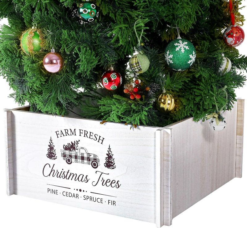 Photo 1 of 24" Christmas Tree Collar Box Wooden Tree Skirt White Rustic Farm Fresh Tree Stand Cover Box Easy to Assemble Xmas Farmhouse Tree Base Box for Christmas Tree Home Decor, 24 x 24 x 11 Inches