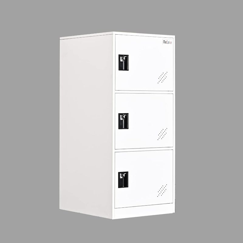 Photo 1 of Vertical Single Tier Small Locker with Padlock latche Plastic Door 2 or 3 Compartment Storage for Employee,Home,Office,School,Kids (P3v-Full White)