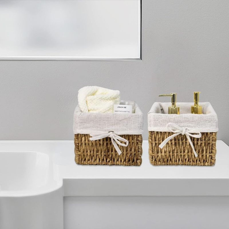 Photo 1 of Natural Woven Seaweed Storage Basket, 7.2 * 7 * 5.6 Inches,for Closet, Room Decoration, Toys, Towels, Rectangular Woven Baskets with Lining?Set of 4)