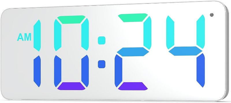 Photo 1 of XUANZIT LED Digital Wall Clock with RGB Display, Mirror/White Surface, Big Digits, Auto-Dimming, Electric Wall Clock for Living Room, Bedroom, Kitchen, Office