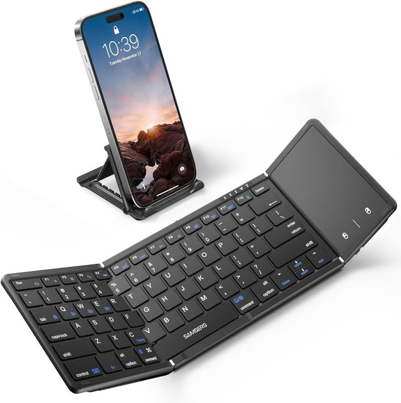Photo 1 of Samsers Foldable Bluetooth Keyboard with Touchpad, Full-Size Wireless Folding Keyboard with PU Leather, Portable Travel Keyboard for iOS Android Windows Mac OS, Support 3 Devices (BT5.1 x 3), Black