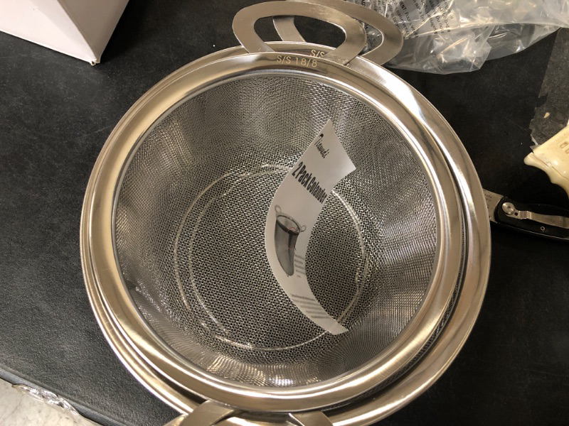 Photo 2 of 2 Pack Strainers for Kitchen, 18/8 Stainless Steel Colander with Handles, Fine Mesh Strainer for Pasta, Rice and Fruit, Sieve with Resting Feet to Strain, Rinse, Steam or Cook Vegetables (4Qt and 3Qt)