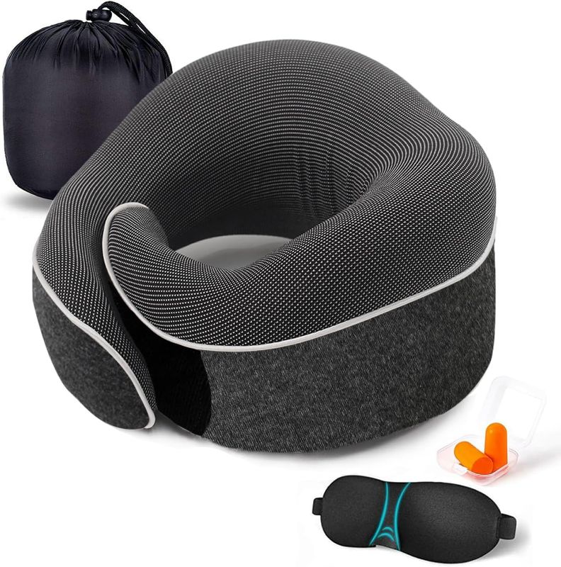Photo 1 of Travel Neck Pillow Chin Support Pillow Adjustable 100% Pure Memory Foam , New Ergonomic Design Soft Best Full Neck Surround Pillow Sleep for Home, Airplanes & Car (Black)
