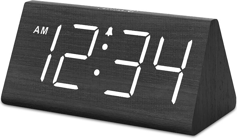Photo 1 of DreamSky Wooden Digital Alarm Clocks for Bedrooms - Electric Desk Clock with Large Numbers, USB Port, Battery Backup Alarm, Adjustable Volume, Dimmer, Snooze, DST, 12/24H, Wood Décor (Black)