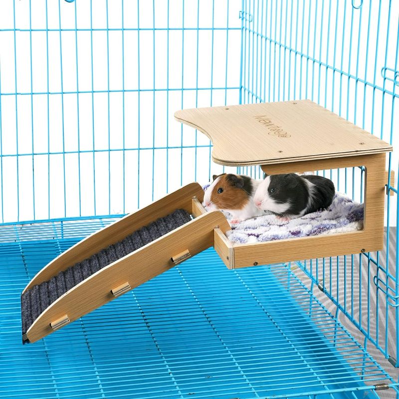 Photo 1 of MEWTOGO Guinea Pig Hideout - Natural Wooden Small Animal House Bed with Stairs and Mat, Detachable Small Pet Hut Habitats for Guinea Pig Hamsters Bunny Chinchillas