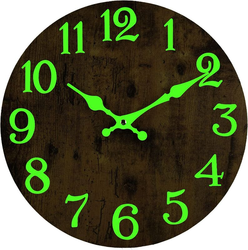 Photo 1 of Luminous Wall Clock, Silent Non-Ticking 12'' Night Light Wall Clocks Battery Operated, Country Style Wooden Illuminated Wall Clock Decorative for Kitchen, Home, Bedrooms, Office (Brown)