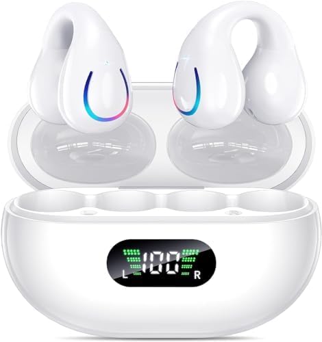 Photo 1 of Open Ear Bone Conduction Headphones, Wireless Clip On Earbuds Bluetooth 5.3 Earphones with LED Display Charging Case 60 Hours Playtime Ear Buds IPX7 Waterproof for Running, Walking, Workout?White?