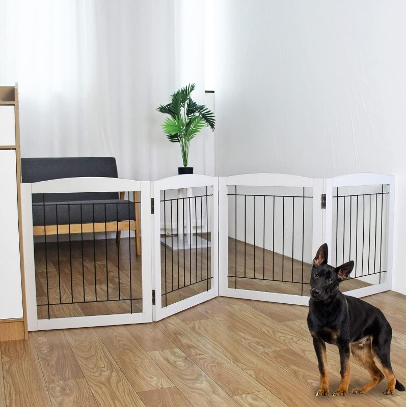 Photo 1 of Freestanding Foldable Dog Gate for House Extra Wide Wooden White Indoor Puppy Gate Stairs Dog Gates Doorways Tall Pet Gate 4 Panels Fence