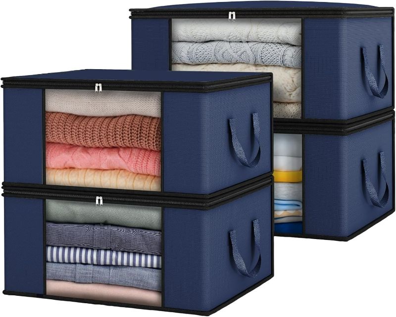 Photo 1 of Fixwal Clothes Storage 4 Pack 48L Storage Containers Blue Foldable Blanket Storage Bags with Lids and Handle for Organizing Clothing Bedroom Comforter Closet Dorm Sweater Quilts Organizer