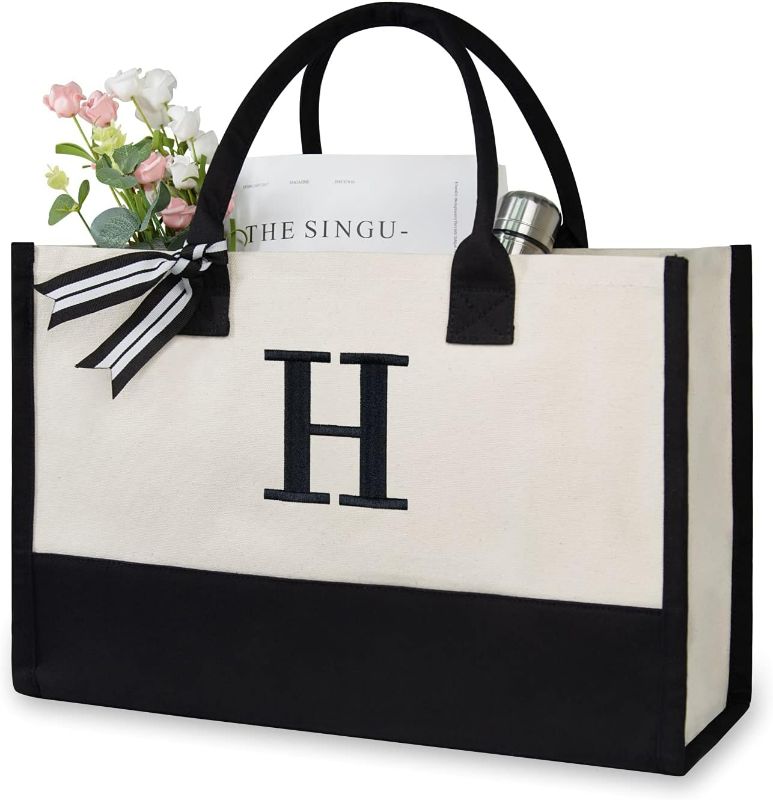 Photo 1 of TOPDesign Embroidery Initial Canvas Tote Bag, Personalized Present Bag, Suitable for Wedding, Birthday, Beach, Holiday, is a Great Gift for Women, Mom, Teachers, Friends, Bridesmaids (Letter H)