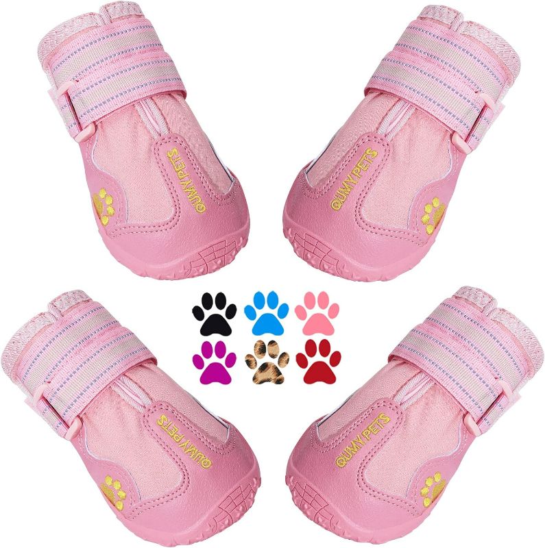 Photo 1 of QUMY Dog Shoes for Large Dogs, Medium Dog Boots & Paw Protectors for Winter Snowy Day, Summer Hot Pavement, Waterproof in Rainy Weather, Outdoor Walking, Indoor Hardfloors Anti Slip Sole Pink 6