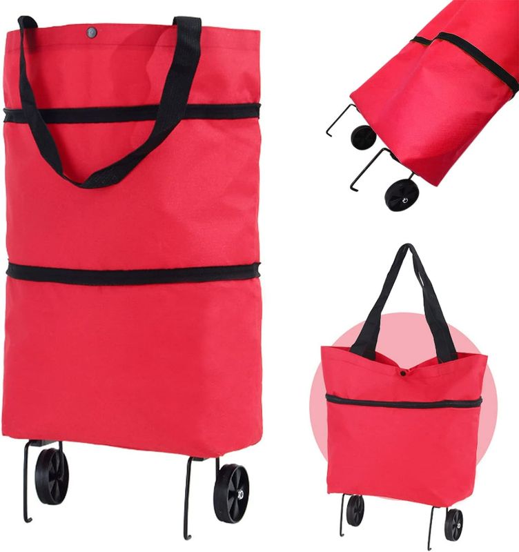Photo 1 of Foldable Shopping Trolley Tote Bag - Large-Capacity Shopping Bag with Wheels - Reusable Portable Grocery Bag - Women Shopper Bag for Vegetable and Fruit (Red)