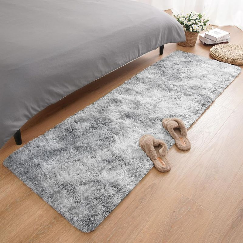 Photo 1 of Runner Rugs for Bedroom Living Room, 2x6 Feet, Fluffy Shag Fuzzy Shaggy Furry Soft Plush Rug Carpet, Throw Rugs Beside Rugs, Indoor Floor Rug for Home Decor Aesthetic,Tie-dye Grey