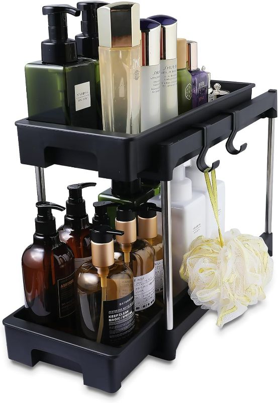 Photo 1 of Double Sliding Under Sink Organizer and Storage 2 Tier kitchen Bathroom Home Organization Pull out Sliding Drawers Under Cabinet Organizer with Hooks Black